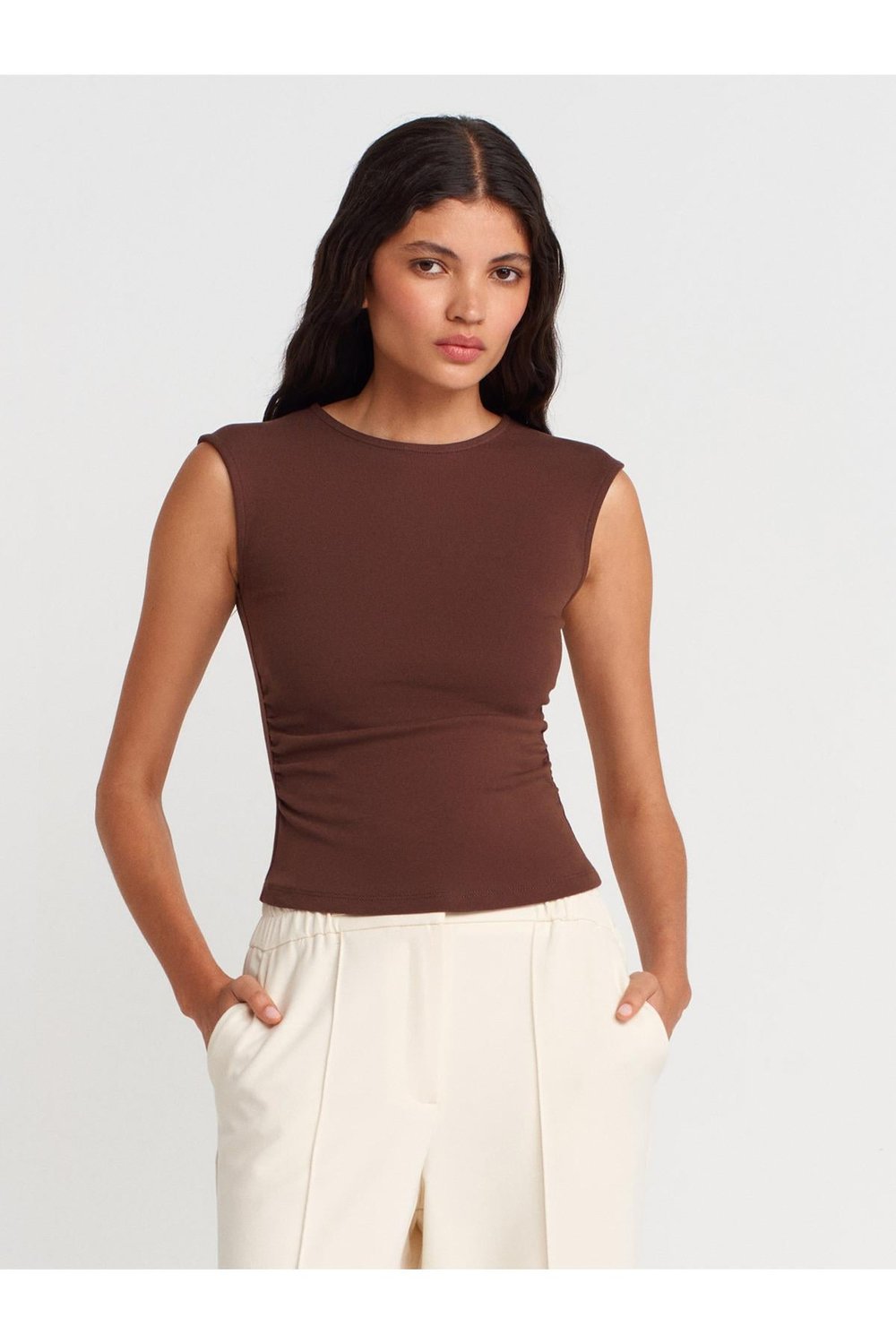 21054 Büzgülü Basic T-Shirt-Açık Kahve