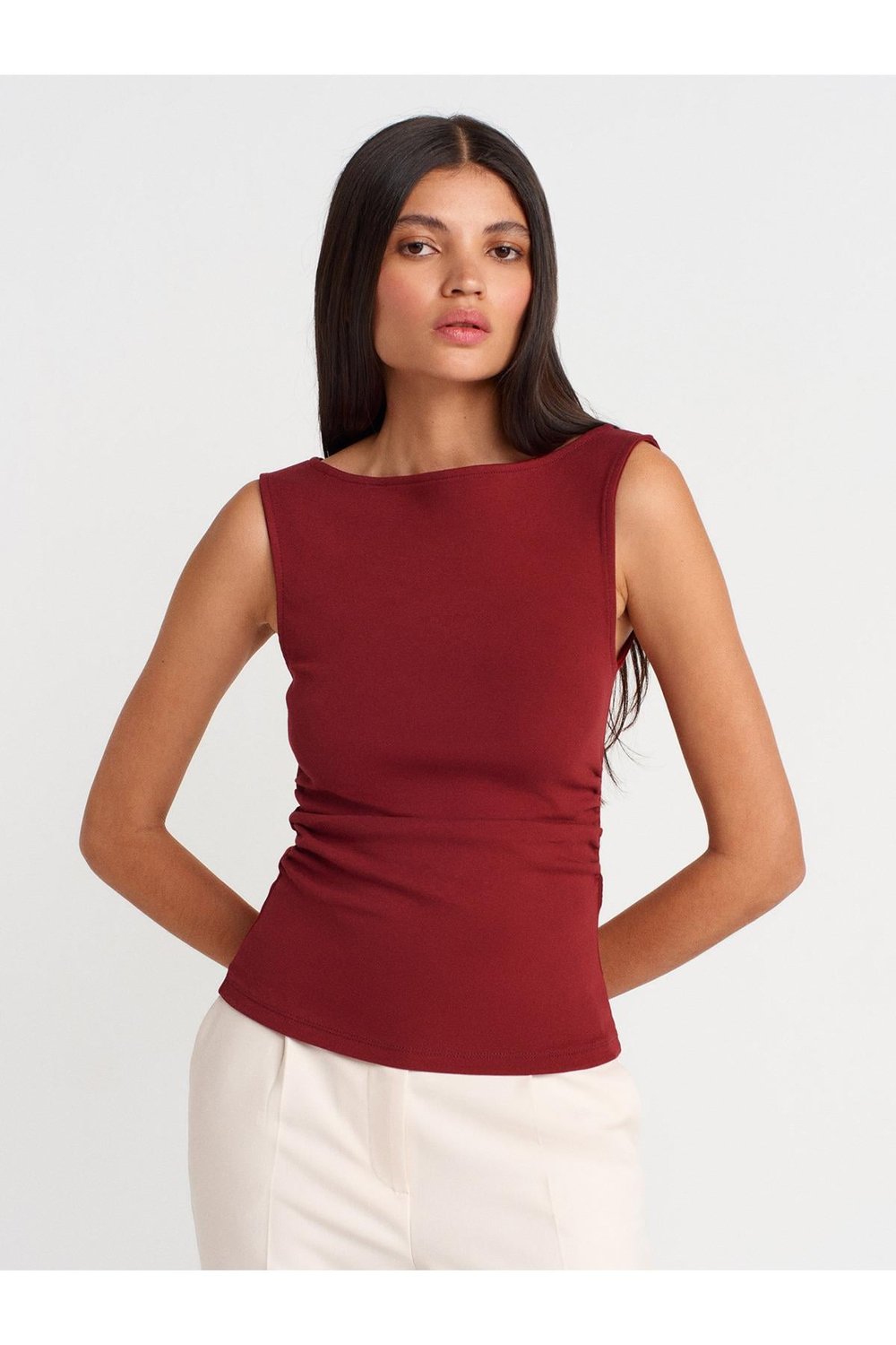 31589 Büzgülü Kayık Yaka Top-Açık Bordo