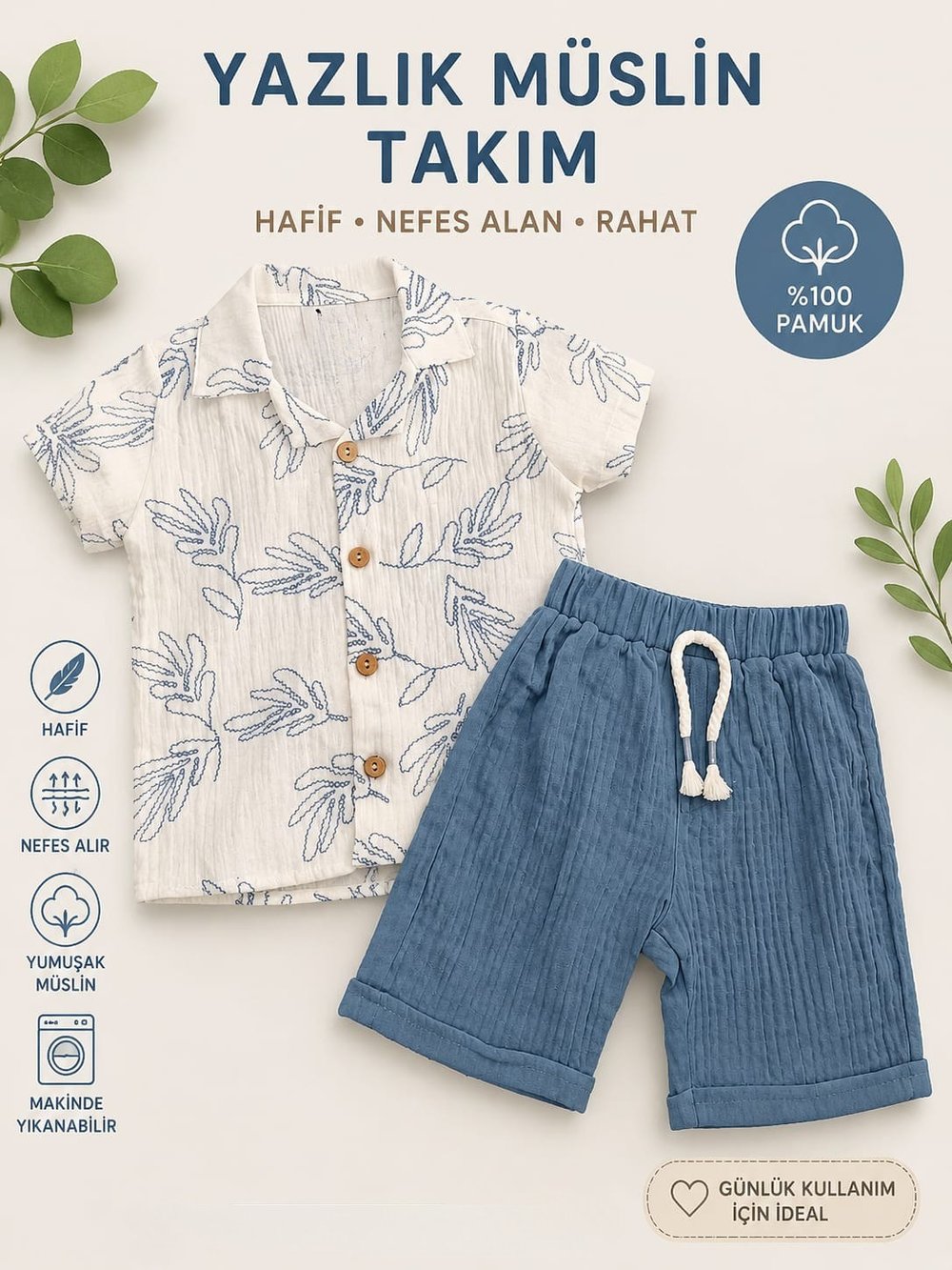 2-5 YAŞ MAVİ PALMİYE MÜSLİN TAKIM
