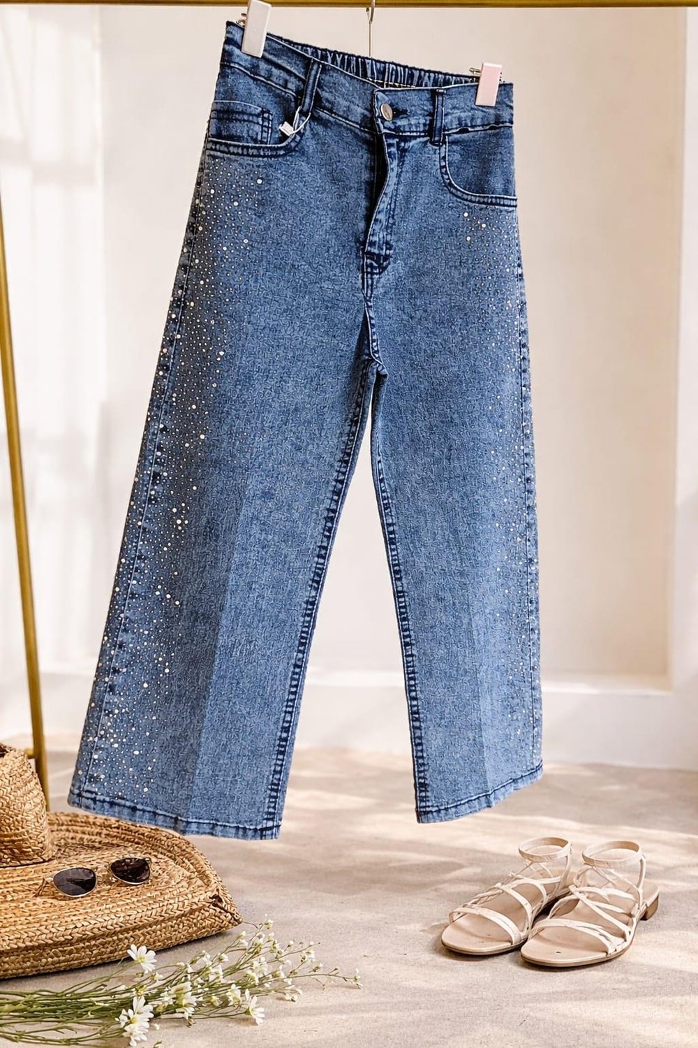 Kız çocuk denim yan kısım taşlı pantolon