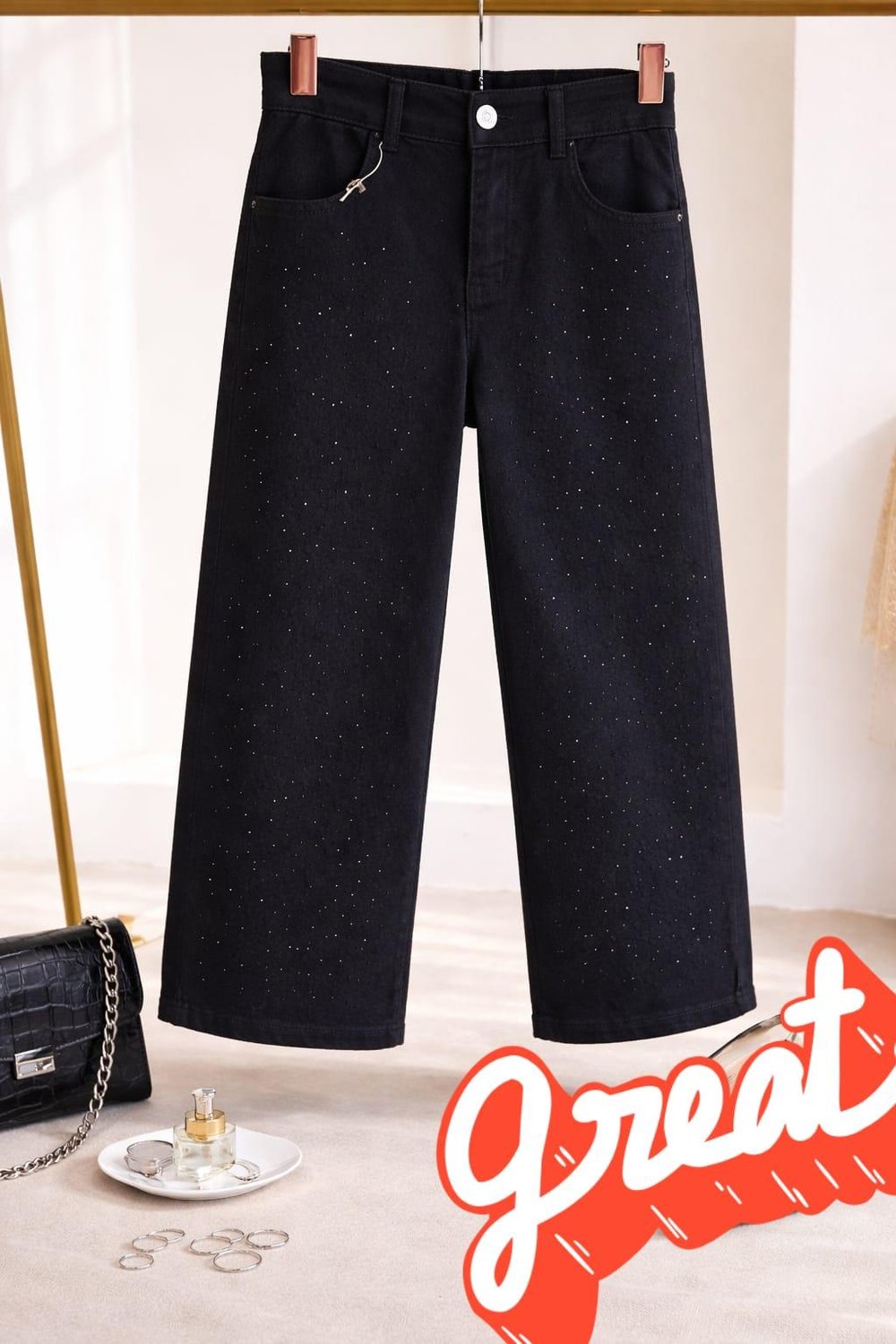 Kız çocuk siyah denim taşlı pantolon