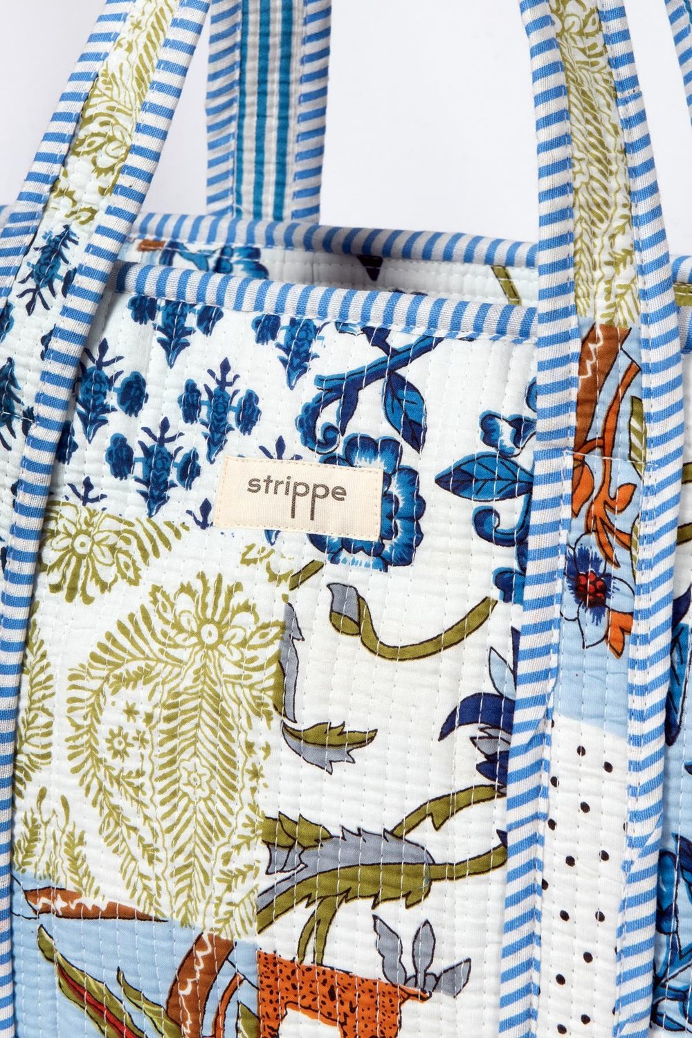 CARRYALL - Patchwork Desenli Mavi Pamuklu Kumaş Fermuarlı Günlük Omuz Çantası  - Tote Bag