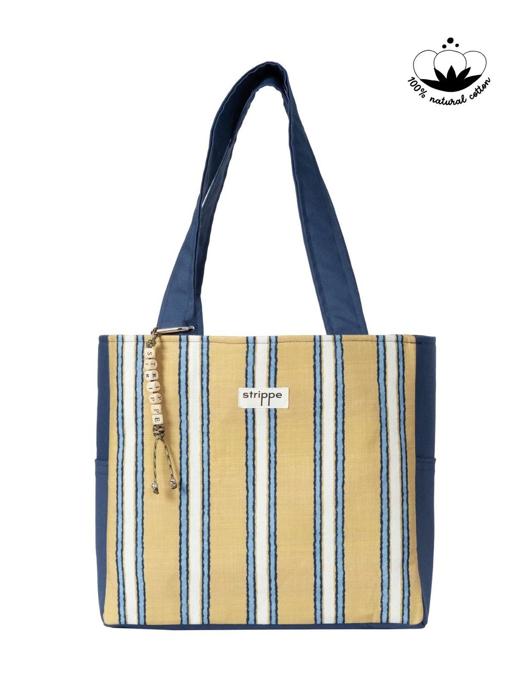 TRACE - Lacivert Hardal Çizgili Pamuklu Kumaş Günlük Omuz Çantası -  Tote Bag