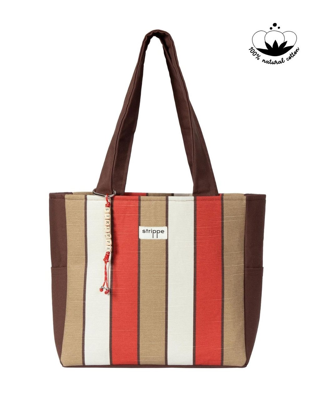 TRACE - Kahverengi Bej Çizgili Pamuklu Kumaş Günlük Omuz Çantası -  Tote Bag