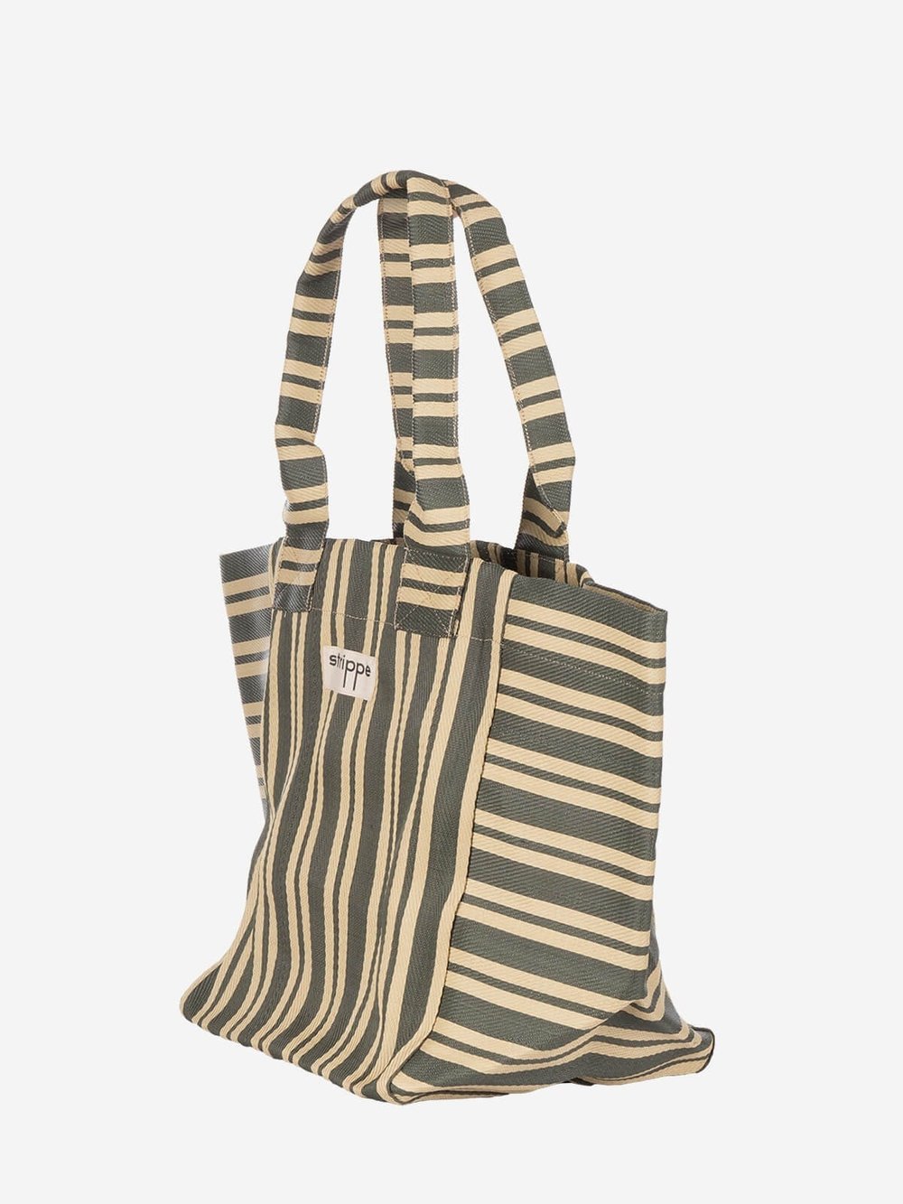 NOVA - Haki Krem Çizgili Büyük Boy Naylon Çanta - Tote Bag