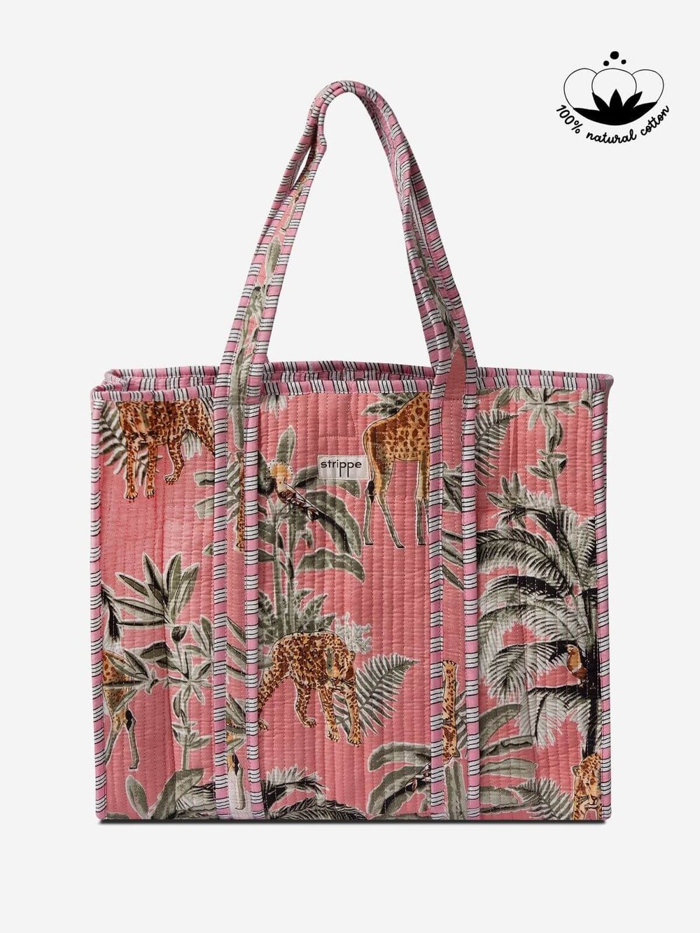 PALMWHITE - Palmiye Desenli Pembe Pamuklu Kumaş Günlük Omuz Çantası - Tote Bag