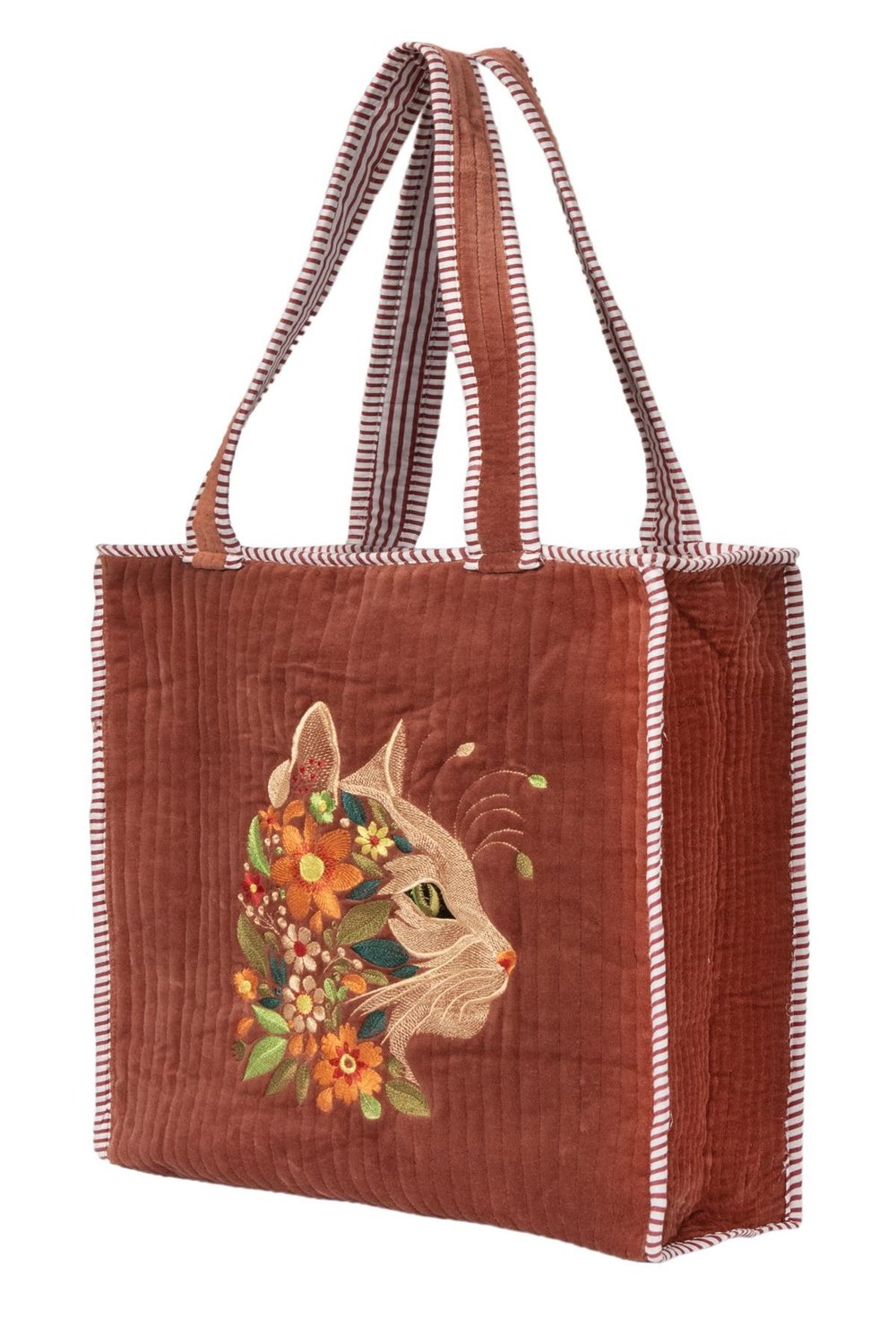 VELVET CAT - Kedi Nakışlı Kadife Kumaş Fermuarlı Günlük Omuz Çantası - Tote Bag