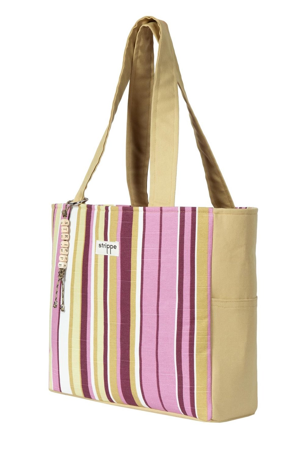 TRACE - Hardal Pembe Çizgili Pamuklu Kumaş Günlük Omuz Çantası -  Tote Bag