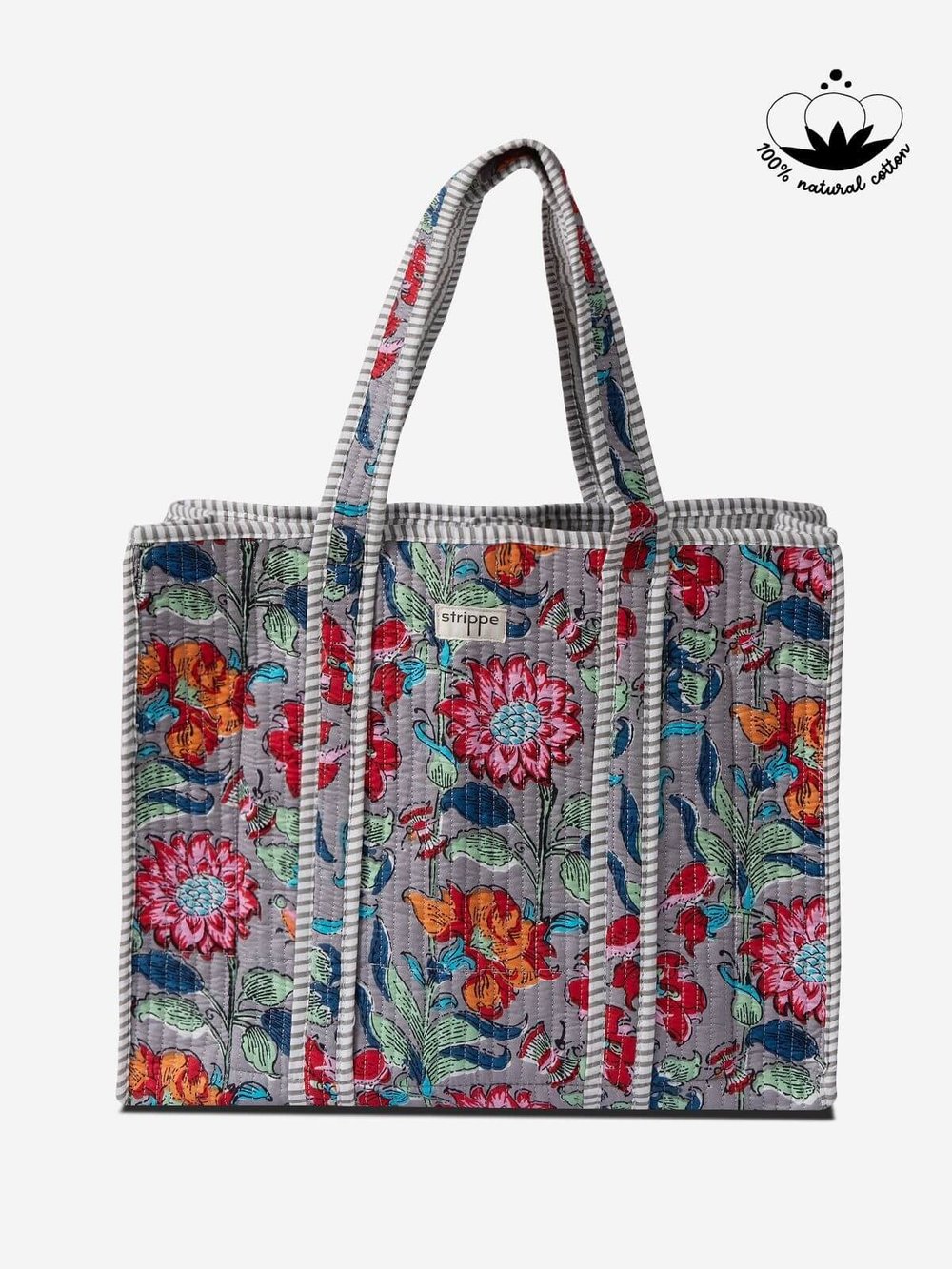 FIORA- Floral Desenli Gri Pamuklu Kumaş Günlük Omuz Çantası - Tote Bag