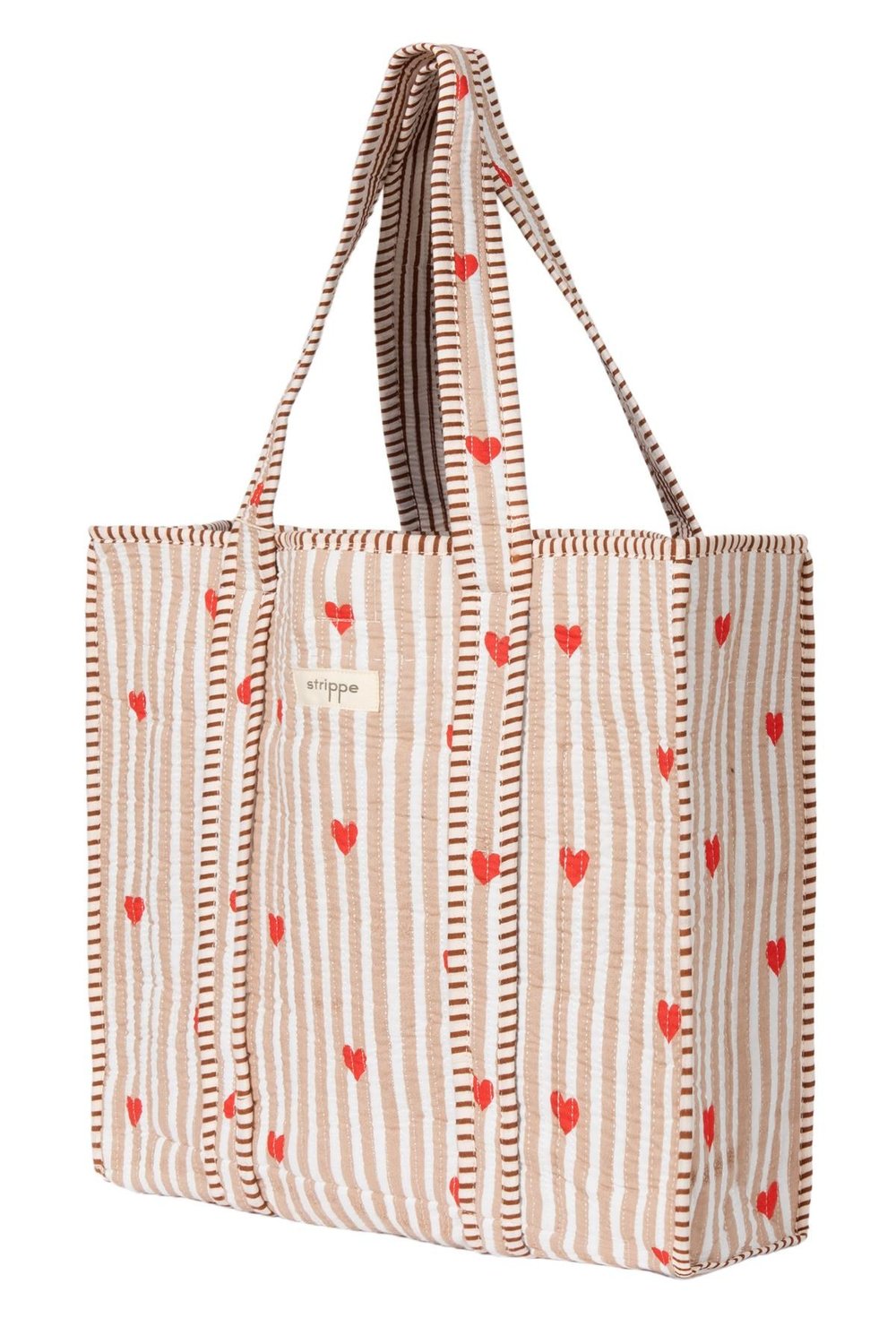 LOVE BOMBING - Kalp Desenli Bej Pamuklu Kumaş Günlük Omuz Çantası  - Tote Bag