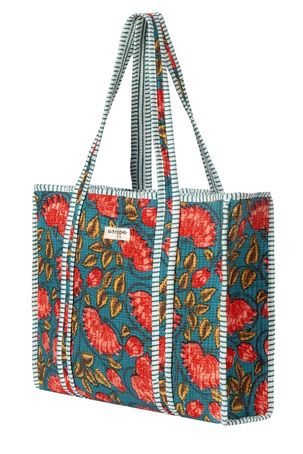 LAGOON- Çiçek Desenli Yeşil Pamuklu Kumaş Günlük Omuz Çantası - Tote Bag