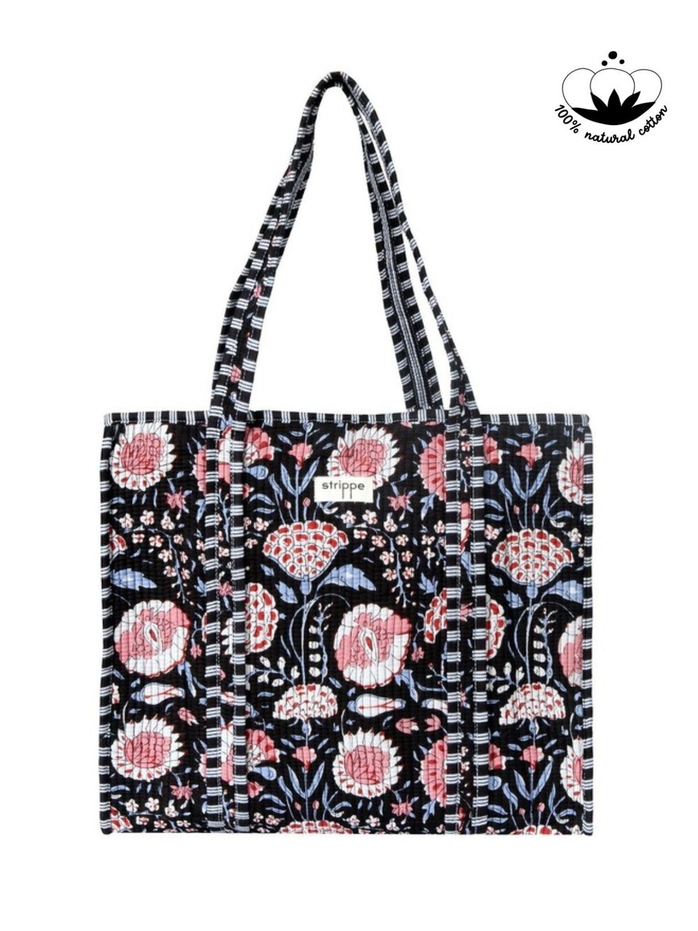 MARIGOLD - Floral Desenli Siyah Pamuklu Kumaş Günlük Omuz Çantası - Tote Bag