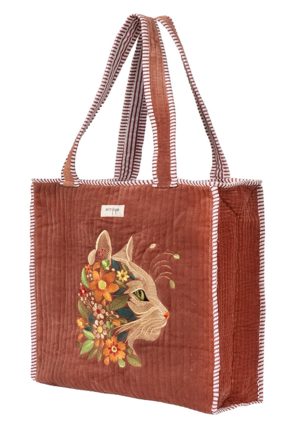 VELVET CAT - Kedi Nakışlı Kadife Kumaş Fermuarlı Günlük Omuz Çantası - Tote Bag