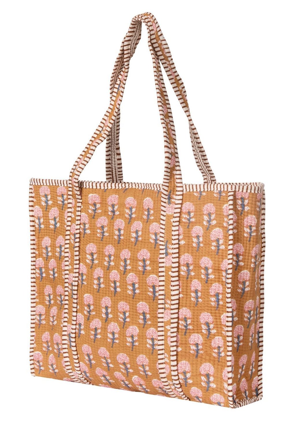 GARDEN- Çiçek Desenli Hardal Pamuklu Kumaş Günlük Omuz Çantası - Tote Bag