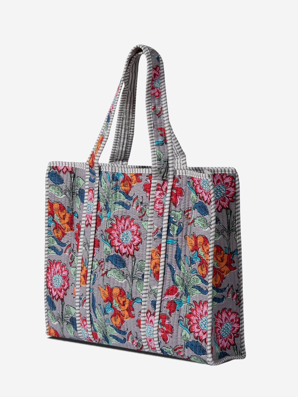 FIORA- Floral Desenli Gri Pamuklu Kumaş Günlük Omuz Çantası - Tote Bag