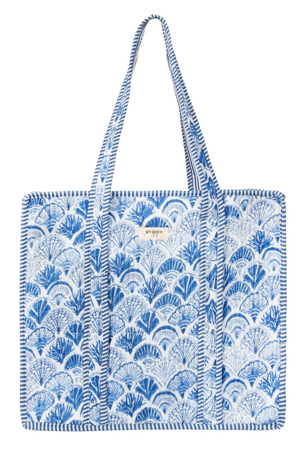 CARRYALL - İstiridye Desenli Mavi Pamuklu Kumaş Fermuarlı Günlük Omuz Çantası  - Tote Bag