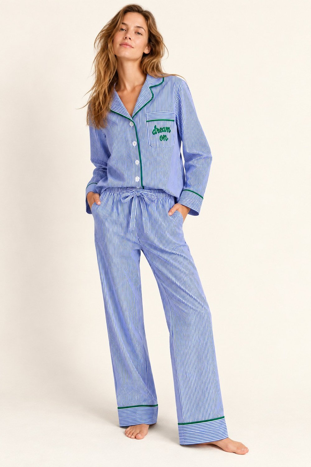 HERA - Pijamare x Strippe Yeşil Biyeli Çizgili Pijama Takımı