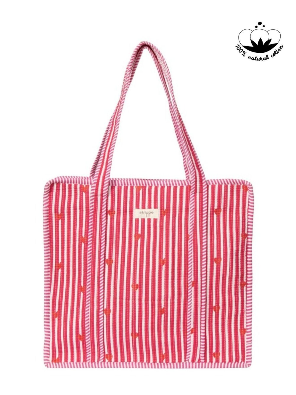 CARRYALL - Kalp Desenli Pembe Pamuklu Kumaş Fermuarlı Günlük Omuz Çantası  - Tote Bag