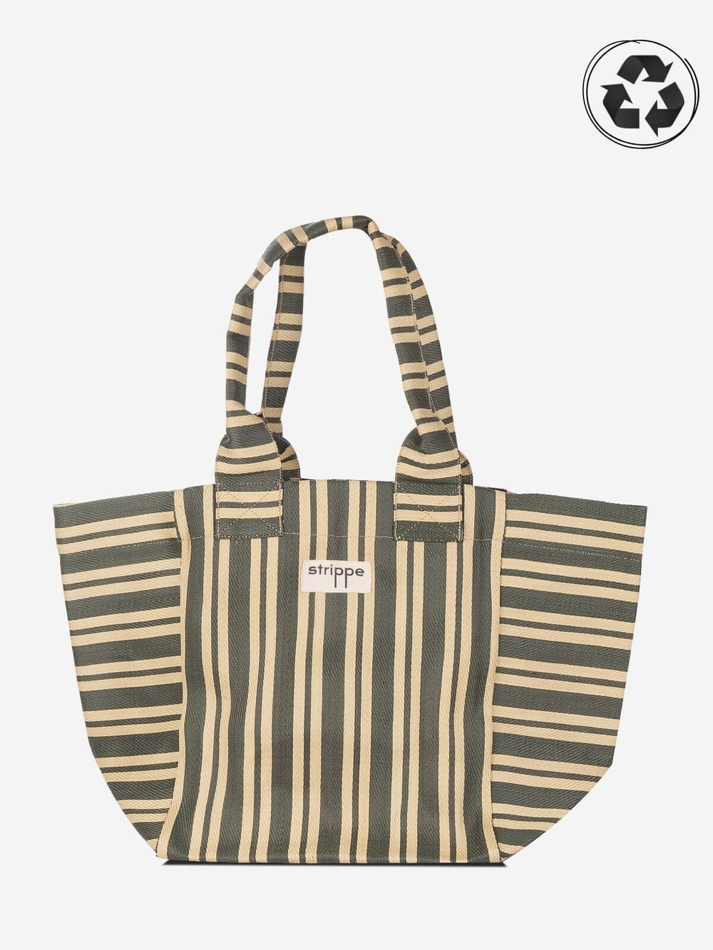 NOVA - Haki Krem Çizgili Büyük Boy Naylon Çanta - Tote Bag