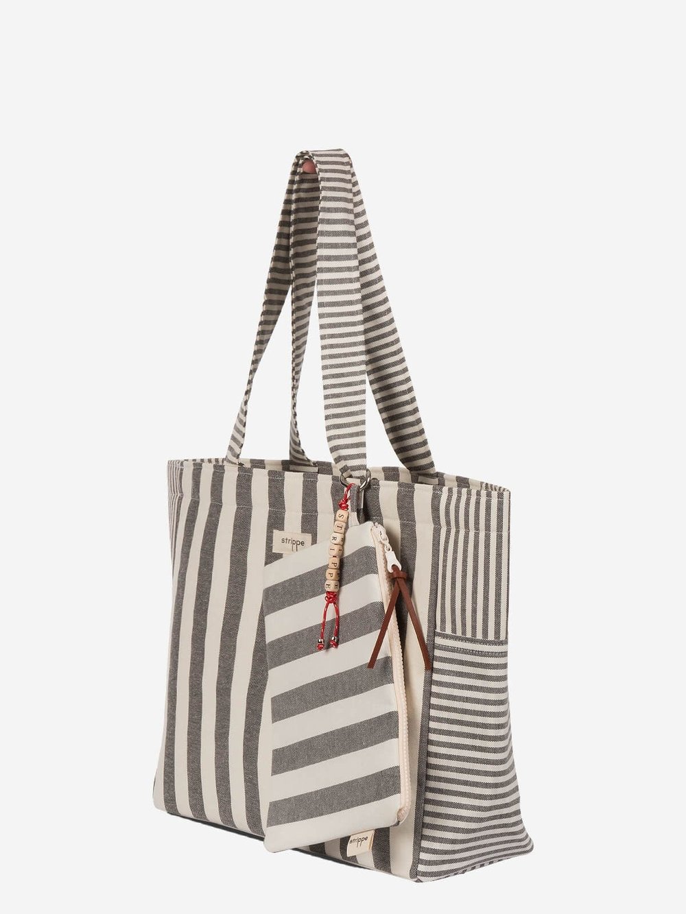 BREEZE DUO- Kalın Çizgili Siyah Plaj Çantası Portföy Set