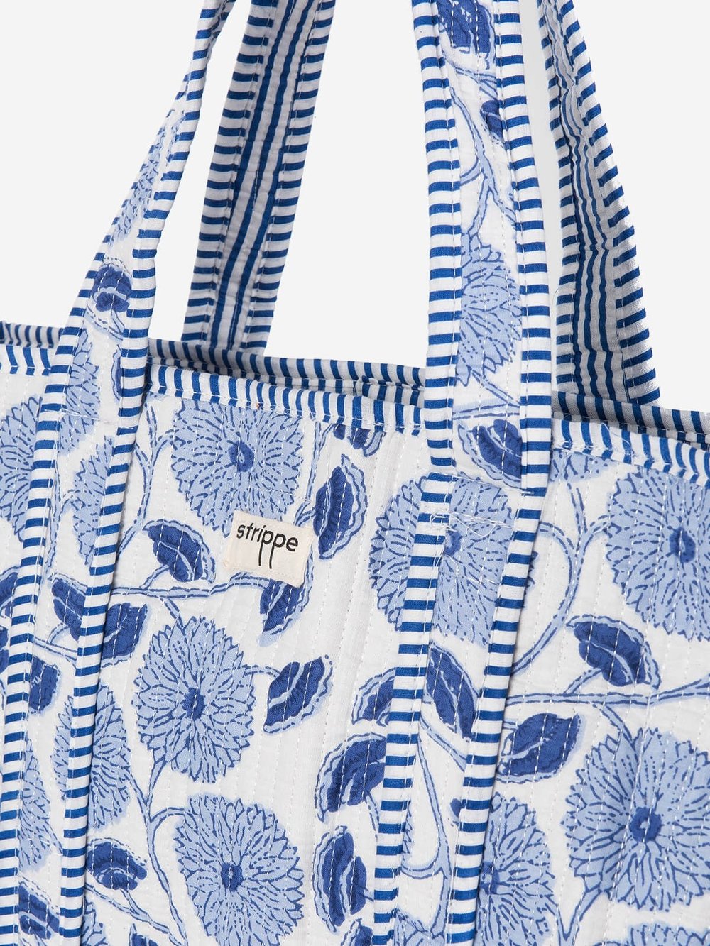 BLEU BLANC - Mavi Çiçek Desenli Beyaz Pamuklu Kumaş Günlük Omuz Çantası - Tote Bag