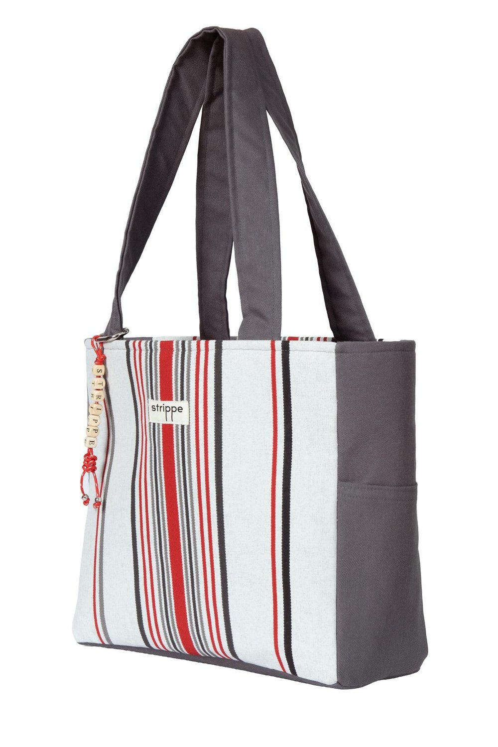 TRACE - Gri Kırmızı Çizgili Pamuklu Kumaş Günlük Omuz Çantası -  Tote Bag