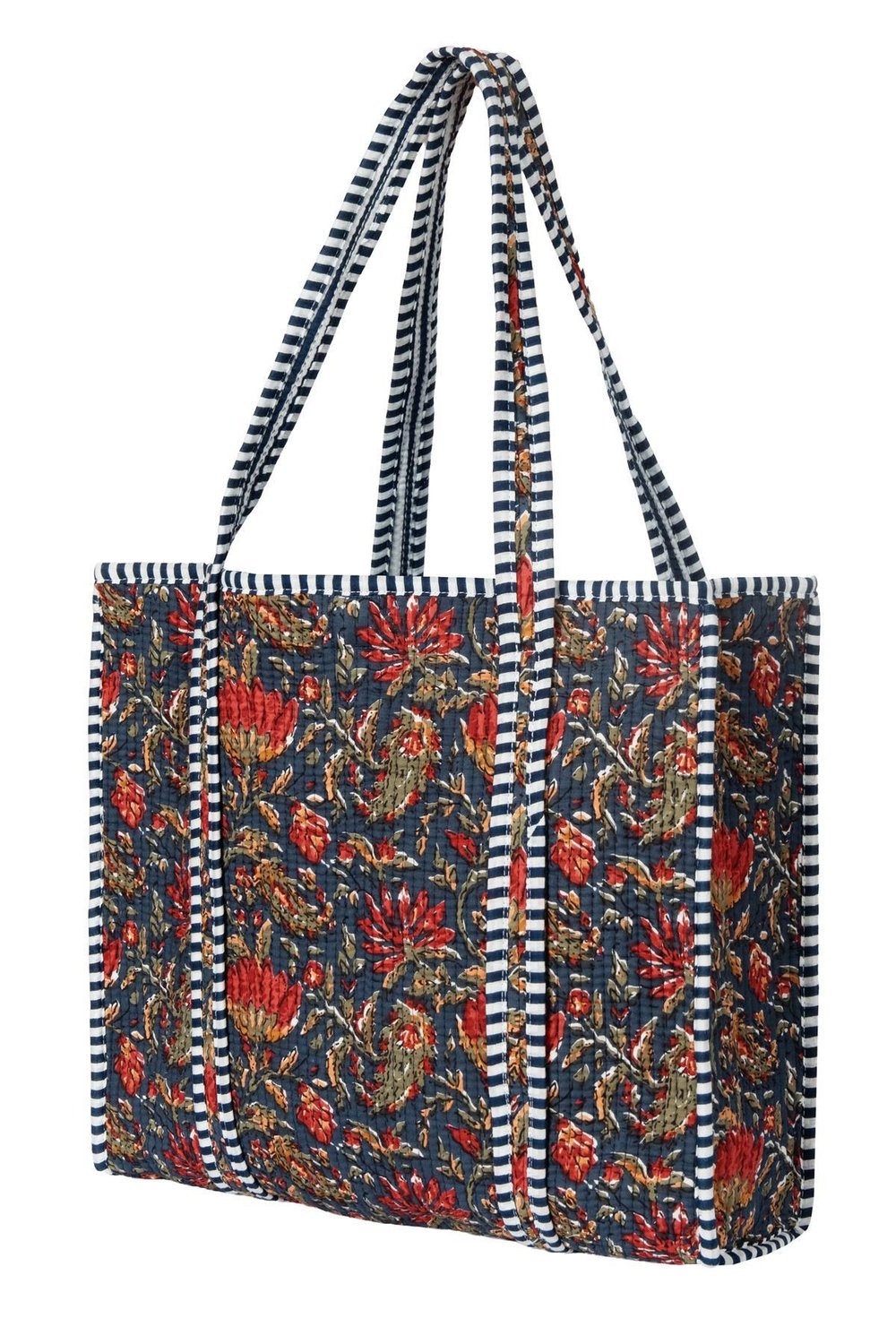 FABLE - Çiçek Desenli Lacivert Pamuklu Kumaş Günlük Omuz Çantası - Tote Bag
