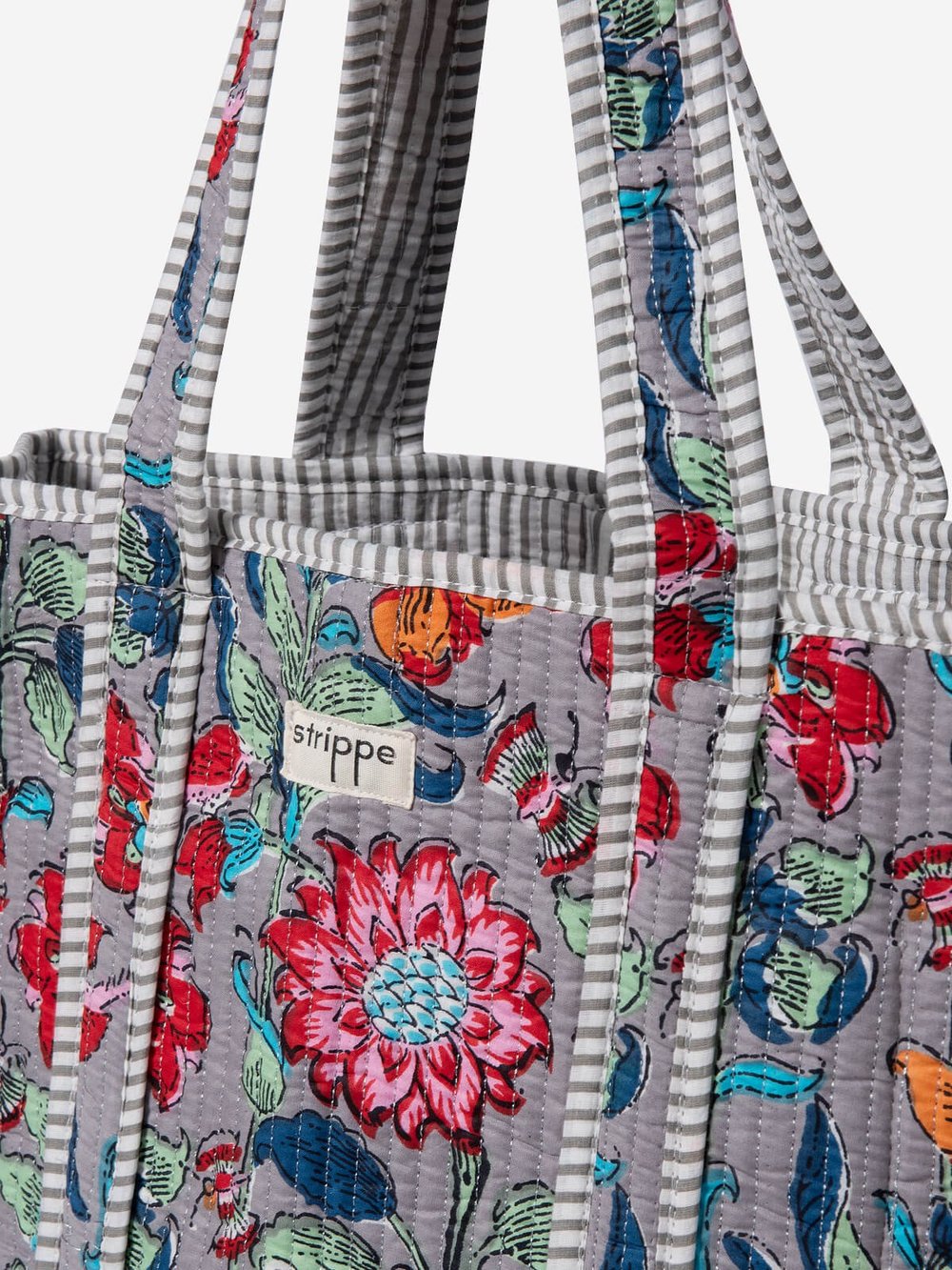 FIORA- Floral Desenli Gri Pamuklu Kumaş Günlük Omuz Çantası - Tote Bag