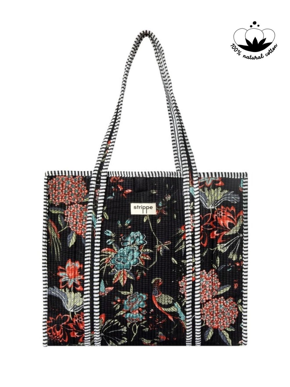 PEACOCK - Tavuskuşu Desenli Siyah Pamuklu Kumaş Günlük Omuz Çantası - Tote Bag