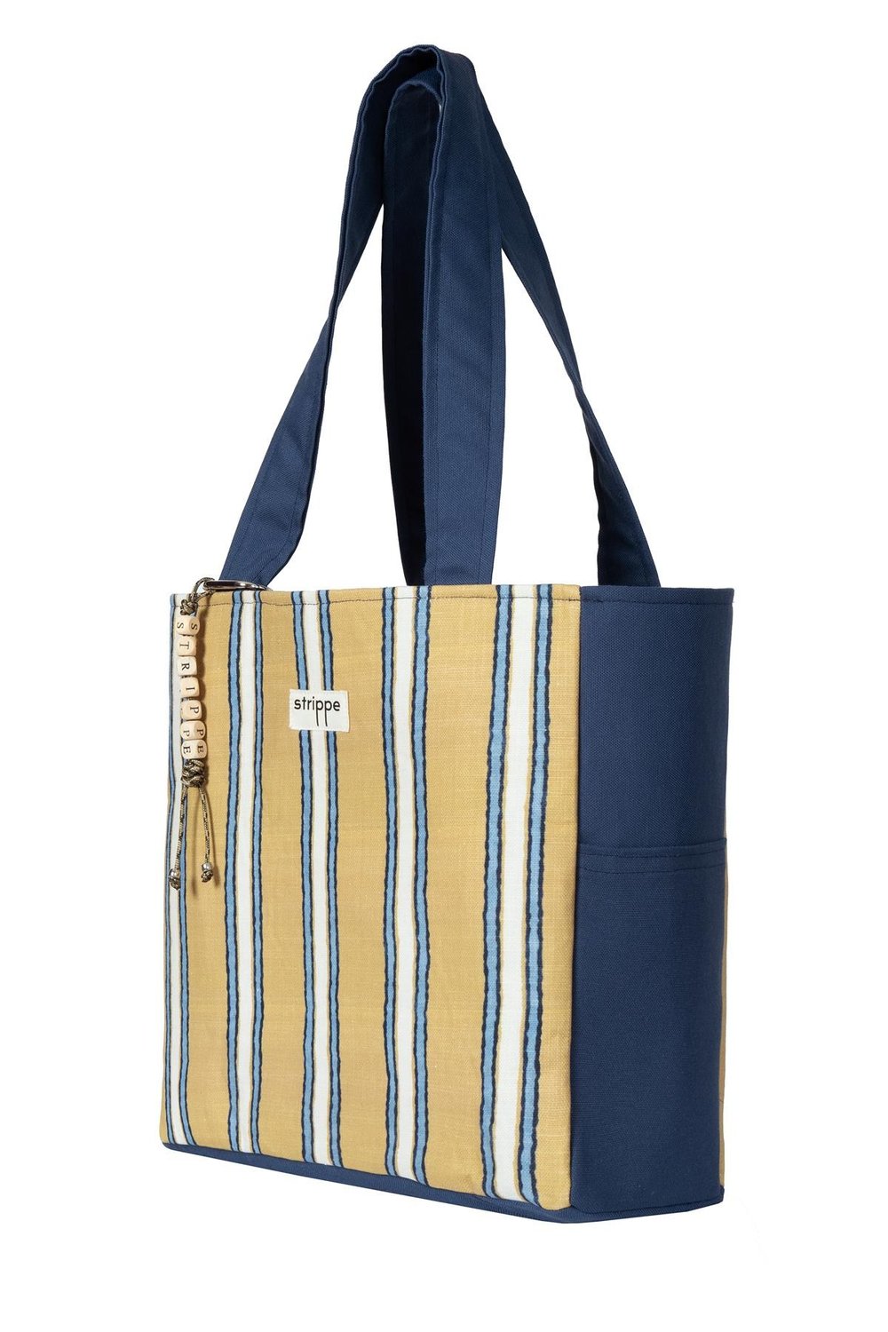 TRACE - Lacivert Hardal Çizgili Pamuklu Kumaş Günlük Omuz Çantası -  Tote Bag