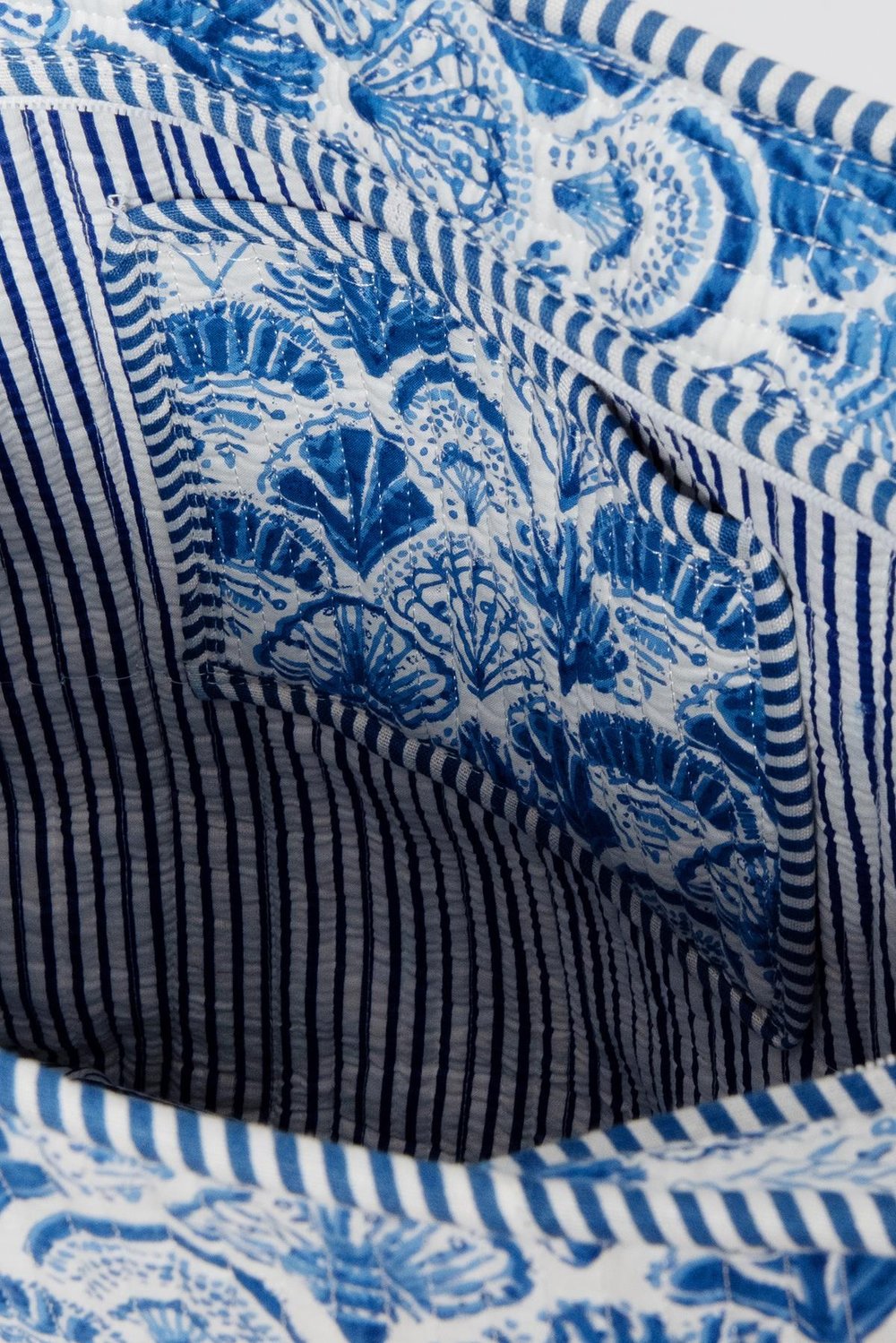CARRYALL - İstiridye Desenli Mavi Pamuklu Kumaş Fermuarlı Günlük Omuz Çantası  - Tote Bag