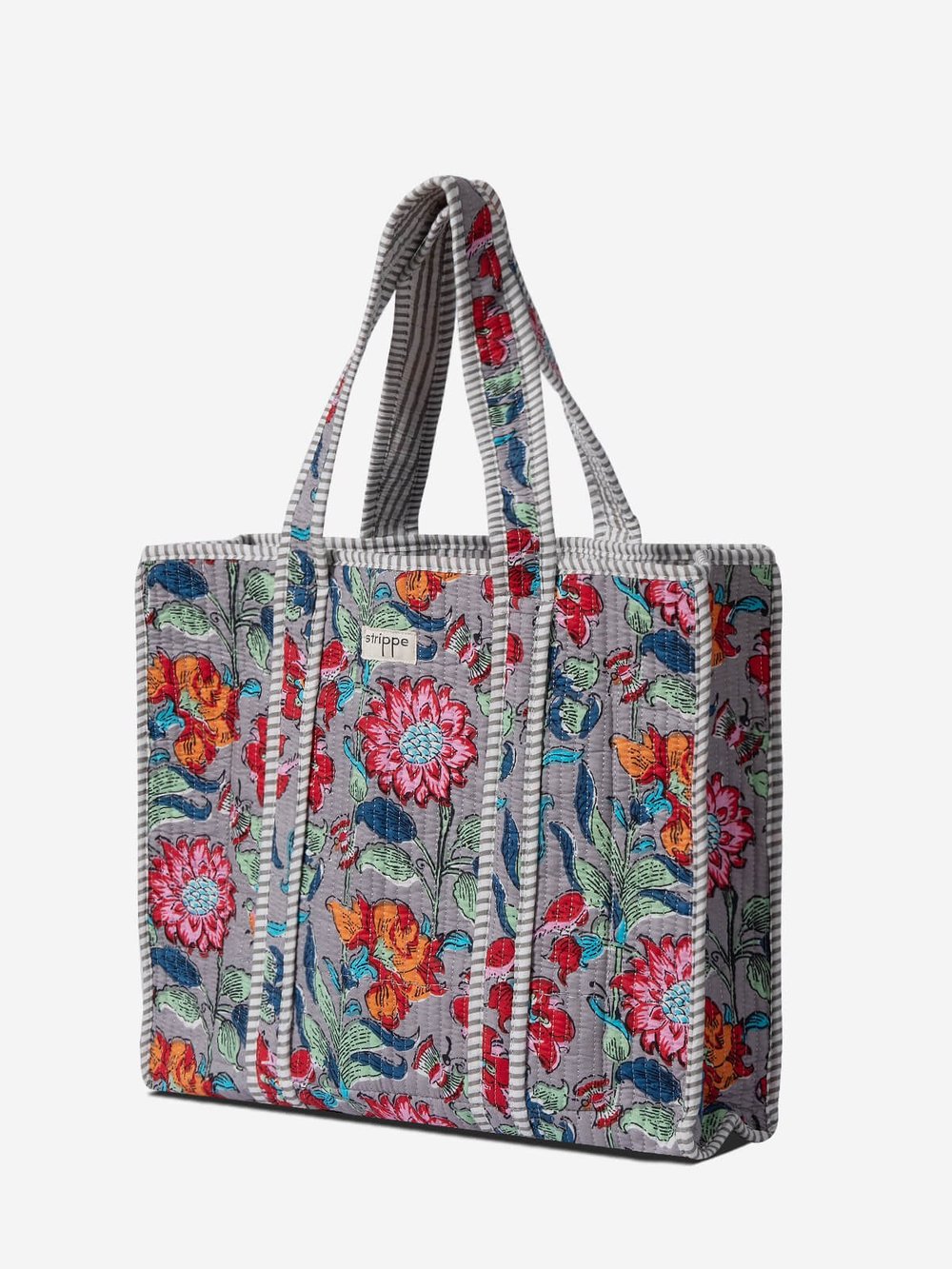 FIORA- Floral Desenli Gri Pamuklu Kumaş Günlük Omuz Çantası - Tote Bag