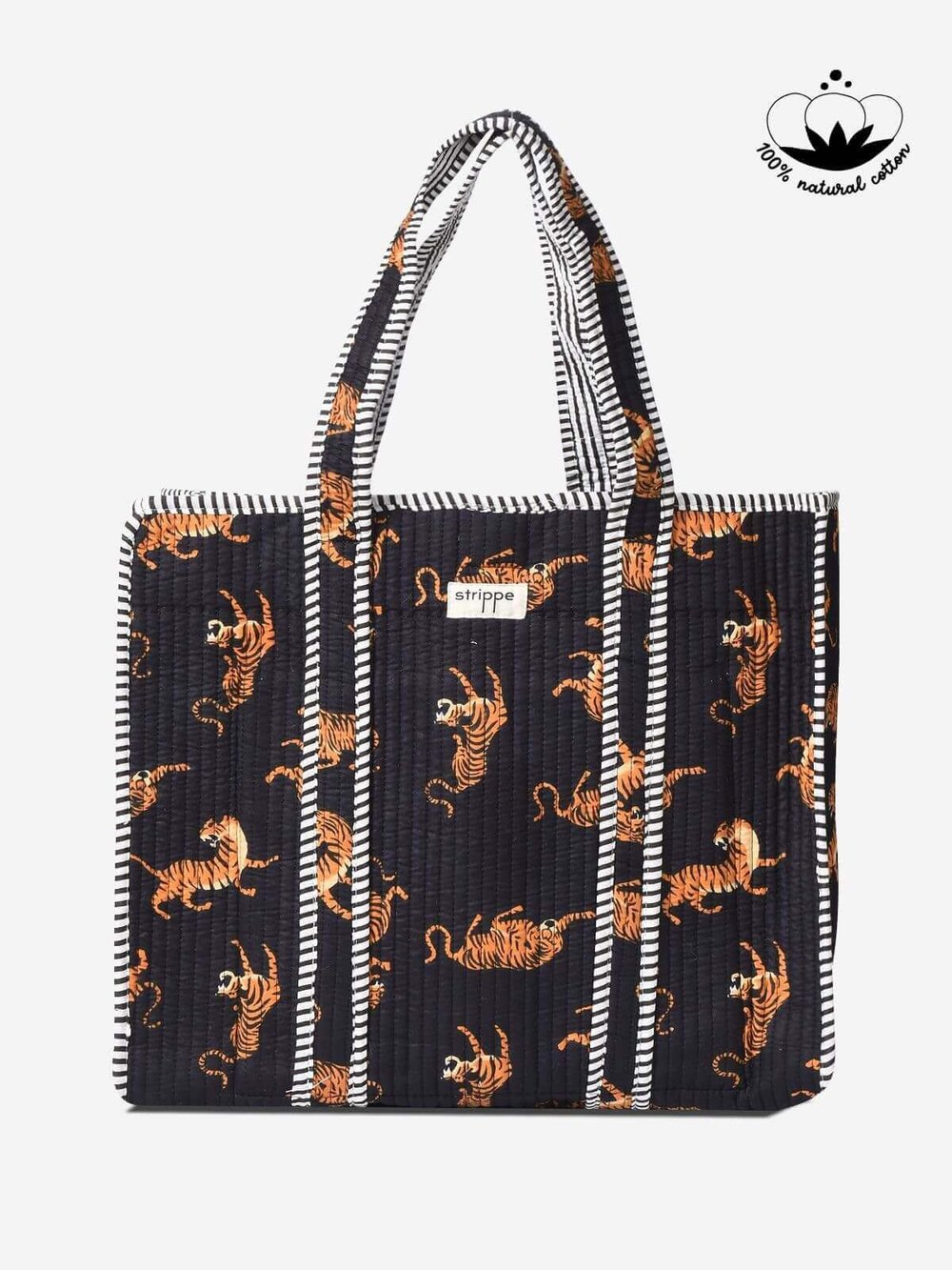 URBAN - Kaplan Desenli Siyah Pamuklu Kumaş Günlük Omuz Çantası - Tote Bag