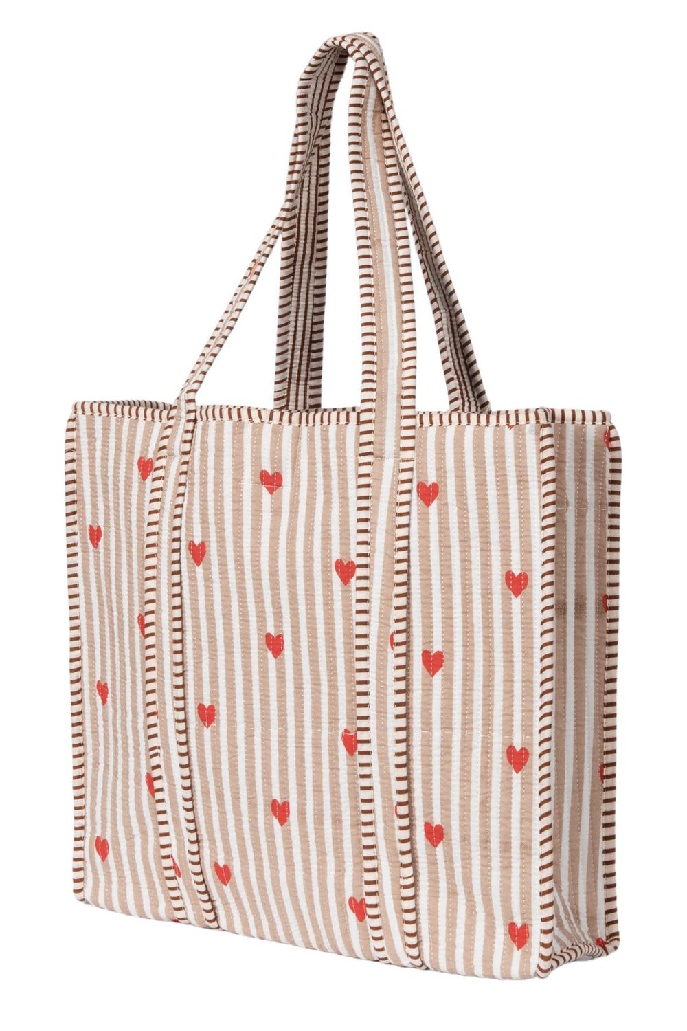 LOVE BOMBING - Kalp Desenli Bej Pamuklu Kumaş Günlük Omuz Çantası  - Tote Bag