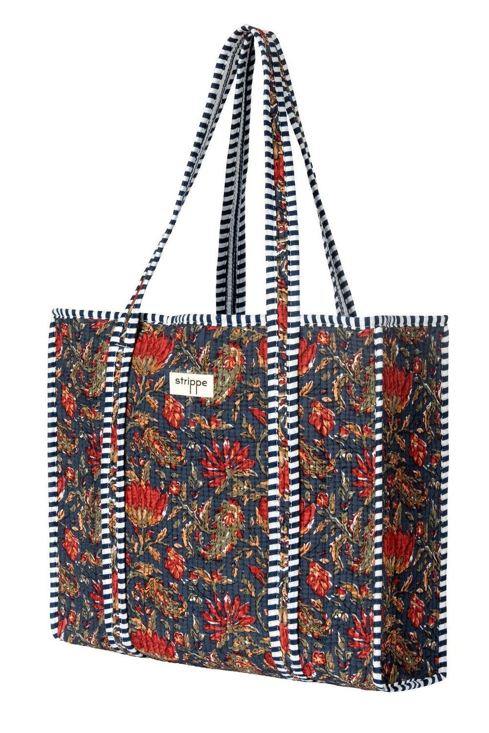 FABLE - Çiçek Desenli Lacivert Pamuklu Kumaş Günlük Omuz Çantası - Tote Bag