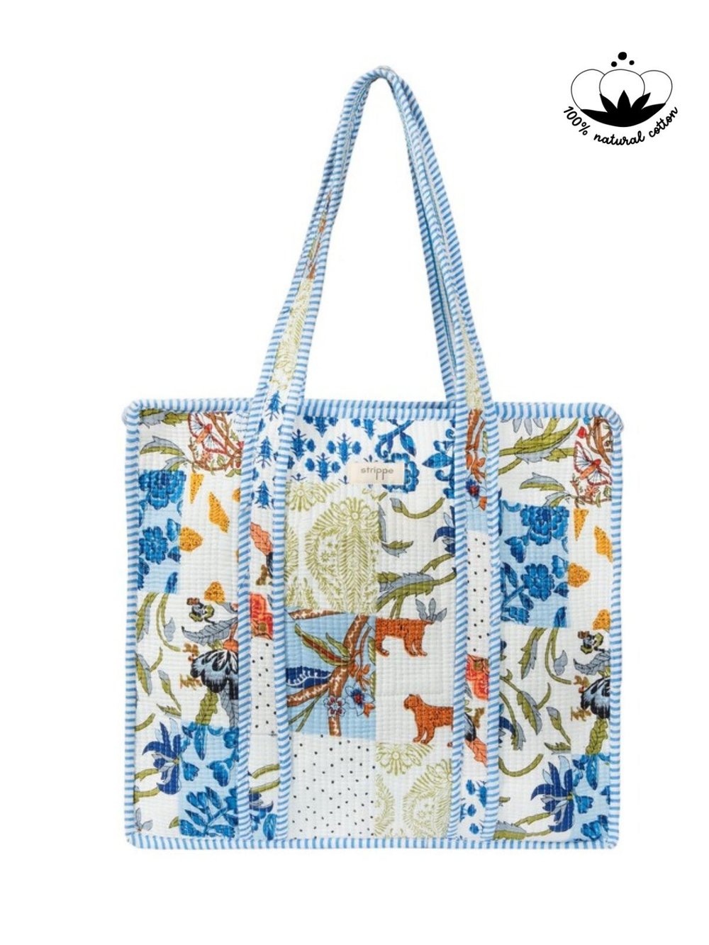 CARRYALL - Patchwork Desenli Mavi Pamuklu Kumaş Fermuarlı Günlük Omuz Çantası  - Tote Bag