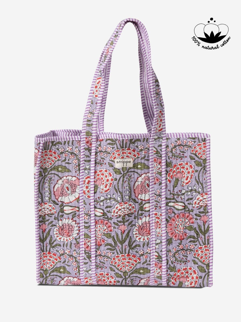 MARIGOLD - Floral Desenli Eflatun Pamuklu Kumaş Günlük Omuz Çantası - Tote Bag