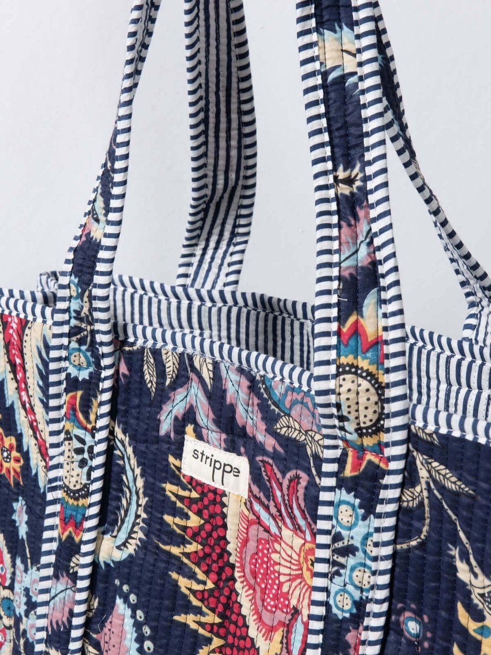 NIGHTBLOOM- Floral Desenli Lacivert Pamuklu Kumaş Günlük Omuz Çantası - Tote Bag