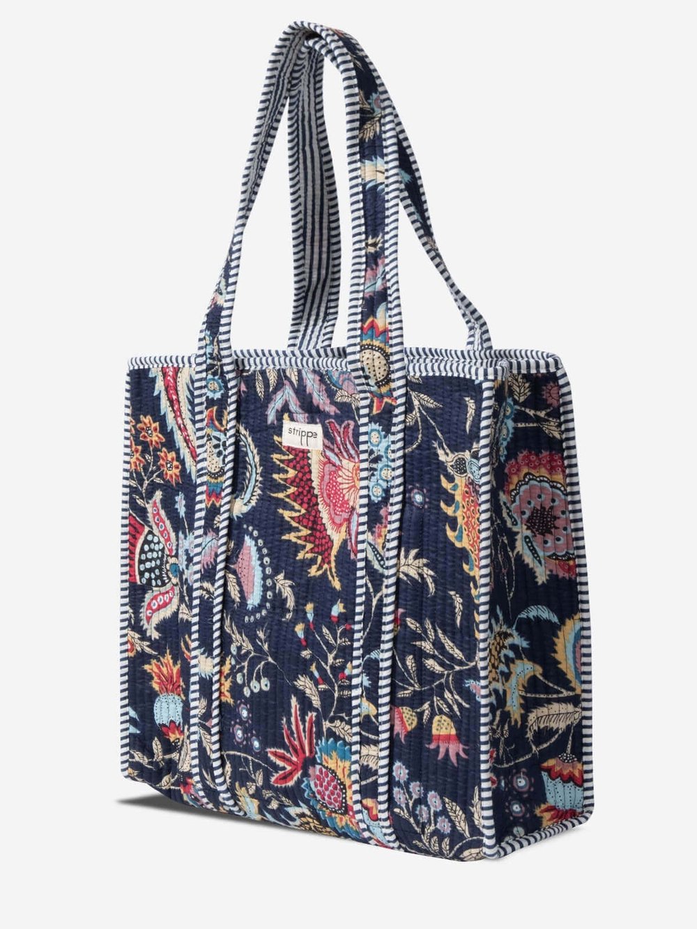 NIGHTBLOOM- Floral Desenli Lacivert Pamuklu Kumaş Günlük Omuz Çantası - Tote Bag