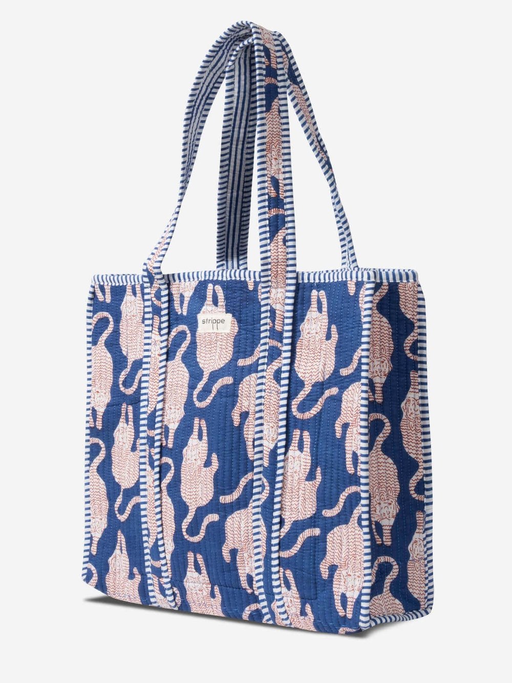 PANTHERA - Kaplan Desenli Mavi Pamuklu Kumaş Günlük Omuz Çantası - Tote Bag
