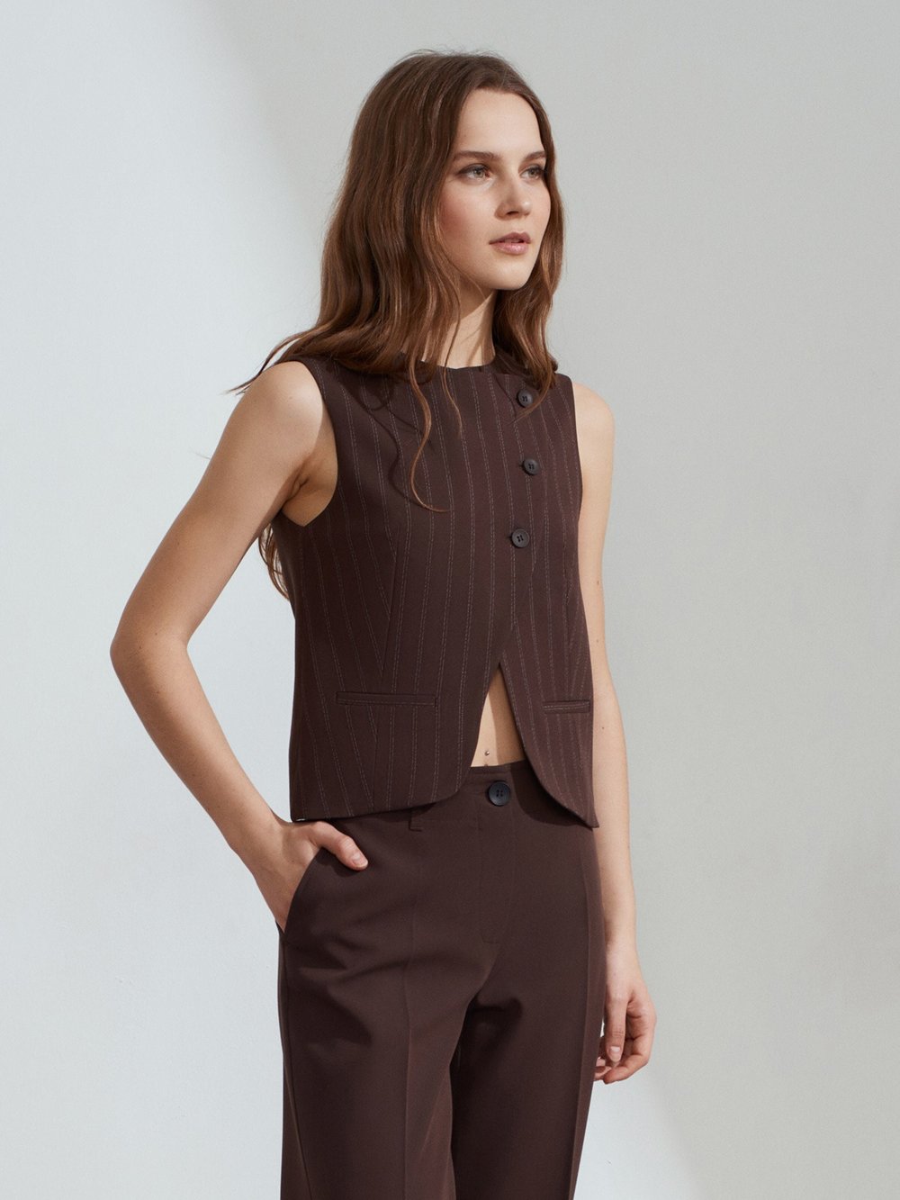 Asymmetric Buttoned Brown Vest