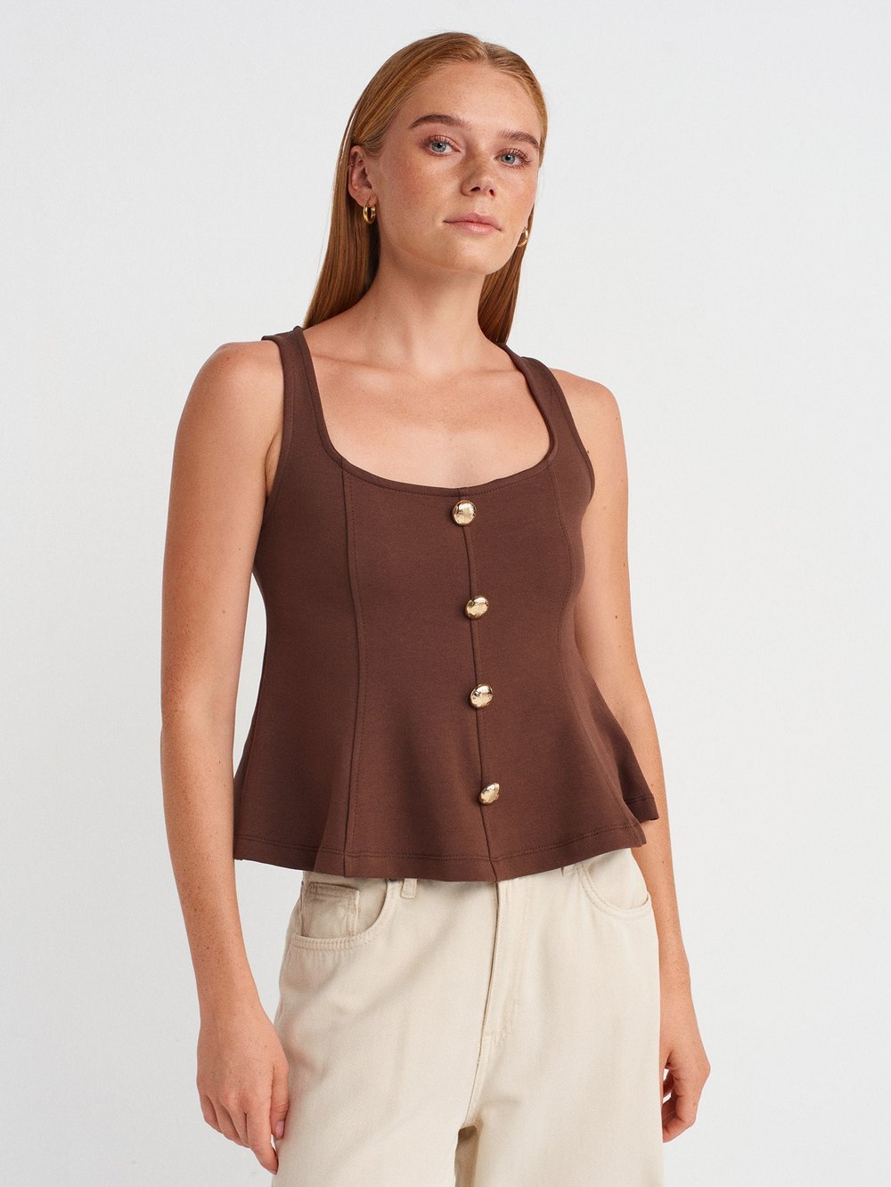 Buttoned Peplum Light Brown Top