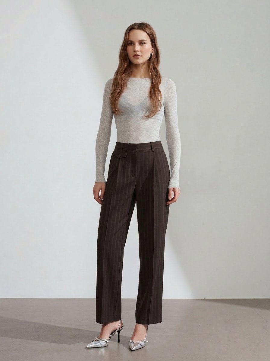 Pleated Straight Leg Brown Trousers