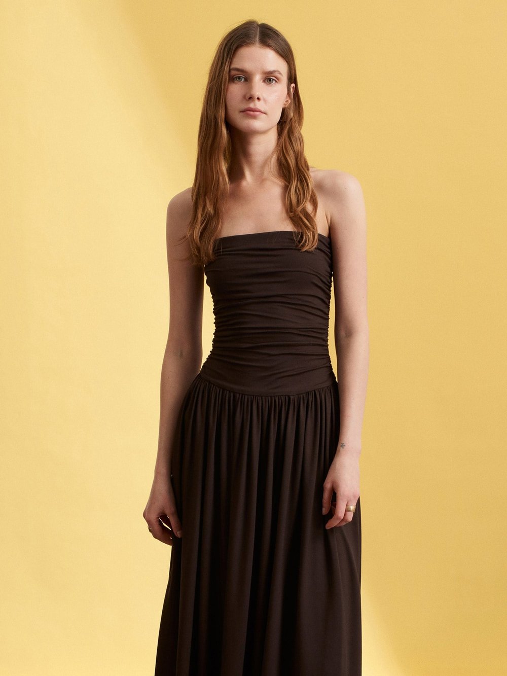 Strapless Ruched Dress Dark Brown