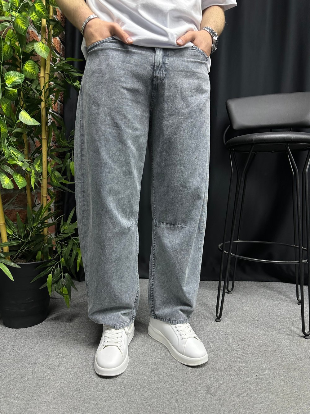 Gabardin Rahat Kumaş Yıkamalı Balon Fit Pantolon Gri