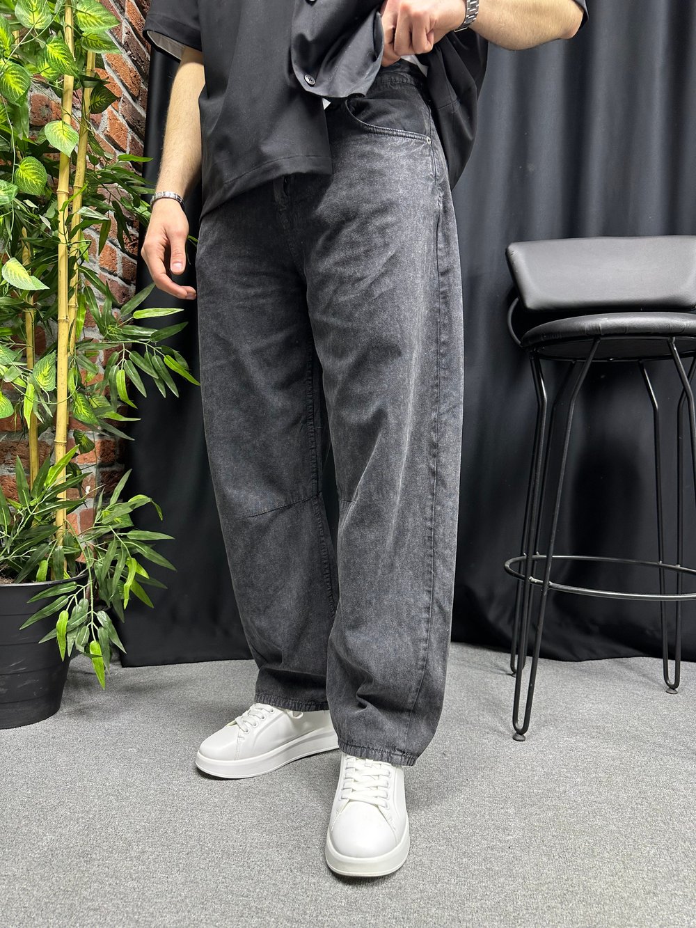 Gabardin Rahat Kumaş Yıkamalı Balon Fit Pantolon Siyah