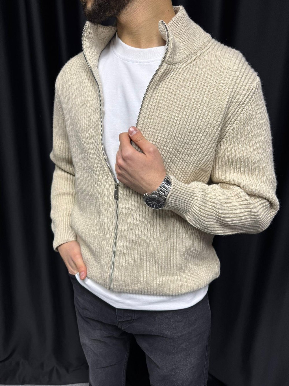Rtr Triko Oversize Hırka Krem