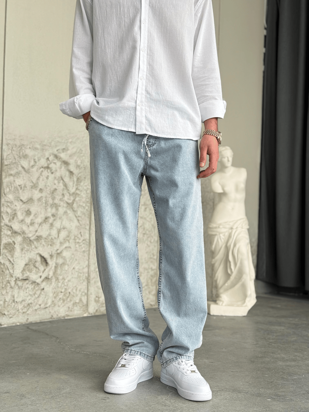 Bel Lastik İpli Baggy Kot Pantolon