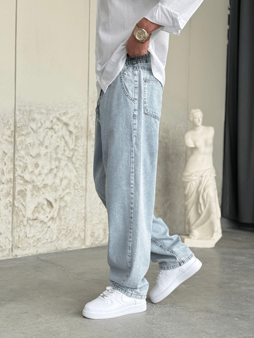 Bel Lastik İpli Baggy Kot Pantolon