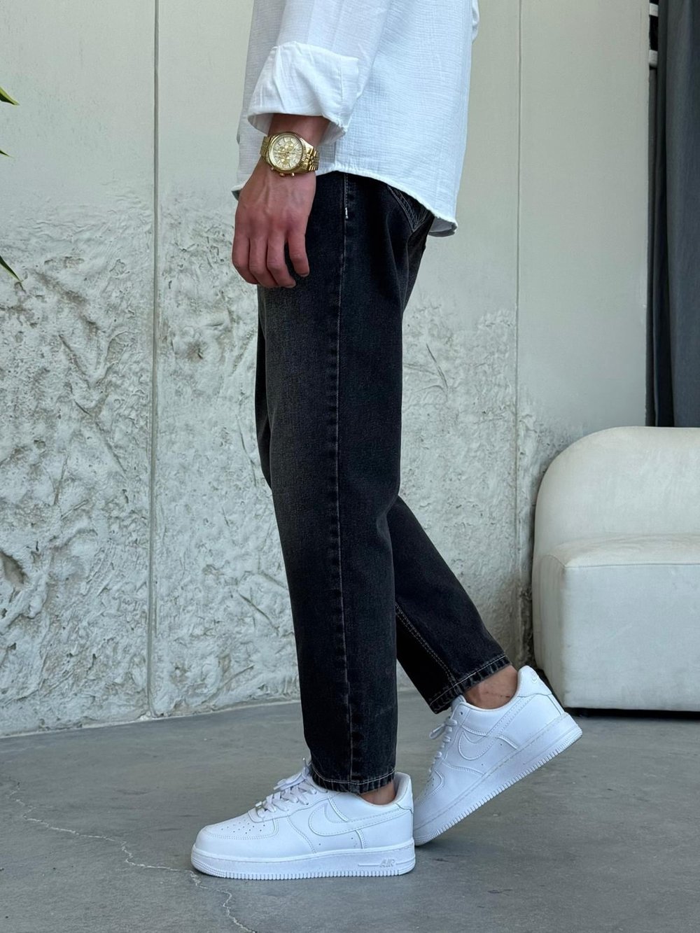 Beyaz Dikişli Füme Boyfrıend Pantolon 